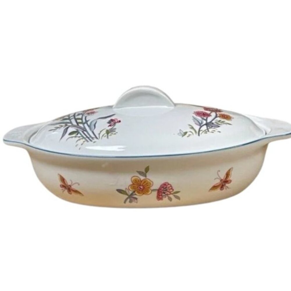 Vtg JARDIN by Andrea au gratin COVERED CASSEROLE oven to table floral butterfly - Picture 2 of 16